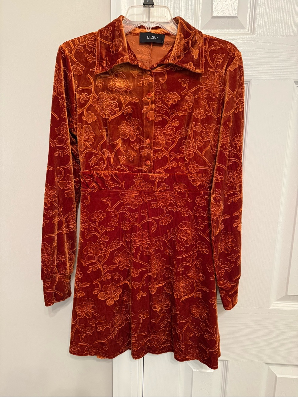 Cider Burnt Orange Floral Velvet Long-Sleeve Dress